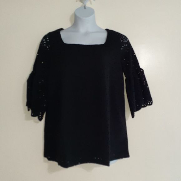 Jessica London Black Bell Sleeve Tunic Top w/Floral Cut Out Overlay 12 NWOT NEW - Picture 8 of 14